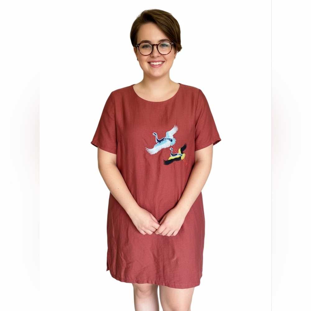 Zara Basic Orange Short Sleeve Crane Embroidered Dress Size XL